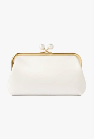 Anya Hindmarch Maud faux pearl-embellished recycled satin clutch wedding guest dress code