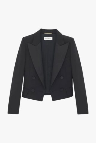 Saint Laurent double-breasted cropped blazer wedding guest dress code
