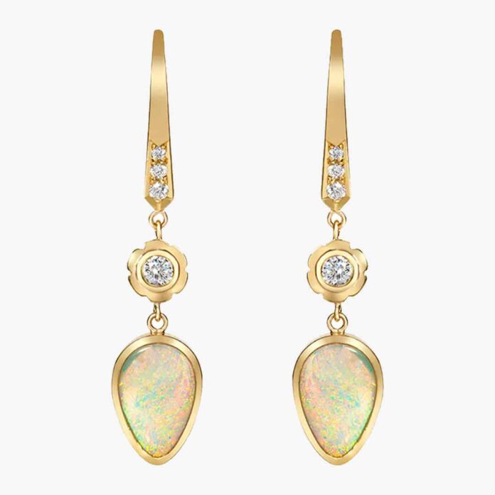 Flora Bhattachary, opal and diamond earrings, October birthstone