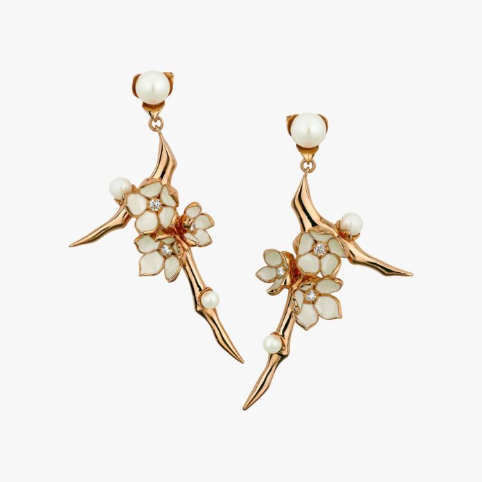 Shaun Leane cherry blossom pearl and diamond flower drop earrings