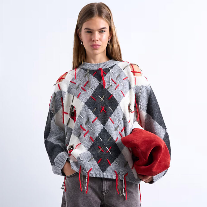 topshop Knitted argyle distressed jumper