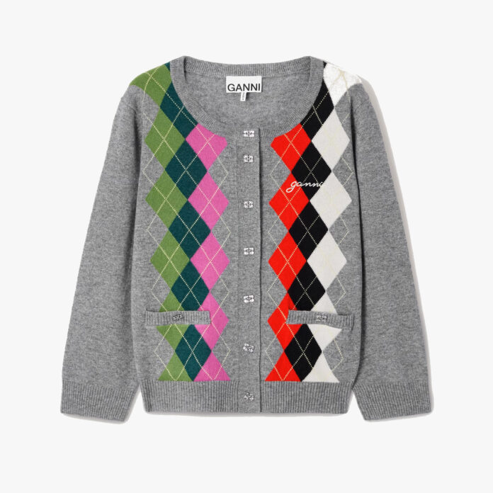 Ganni Logo-embroidered argyle cardigan
